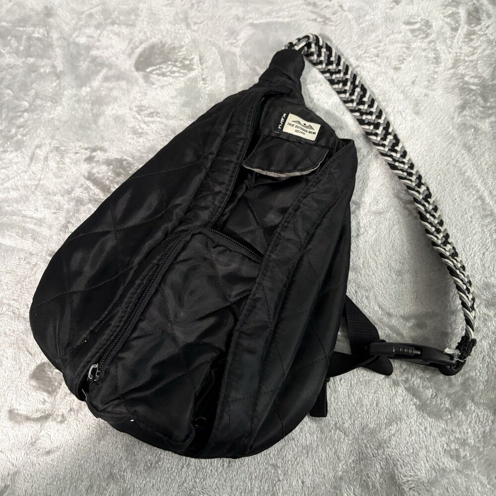KAVU Quilted Rope Sling Bag Black Polyester Crossbody Backpack Gorpcore Boho